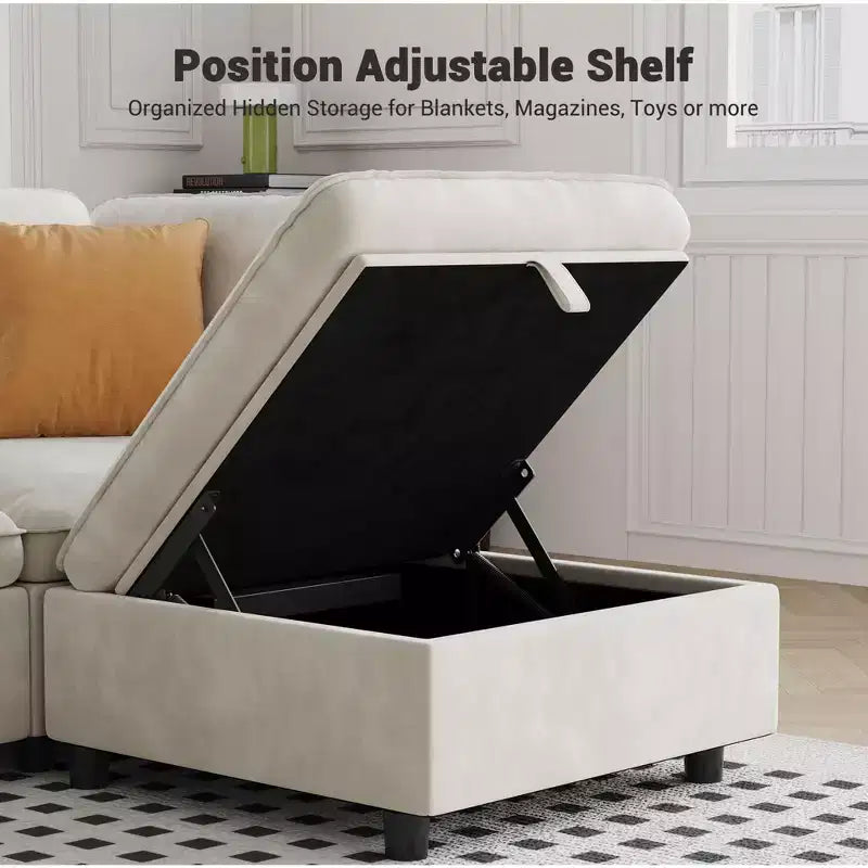 Fauteuil sans accoudoirs et pouf de rangement en velours beige crème, 2 places, modulable