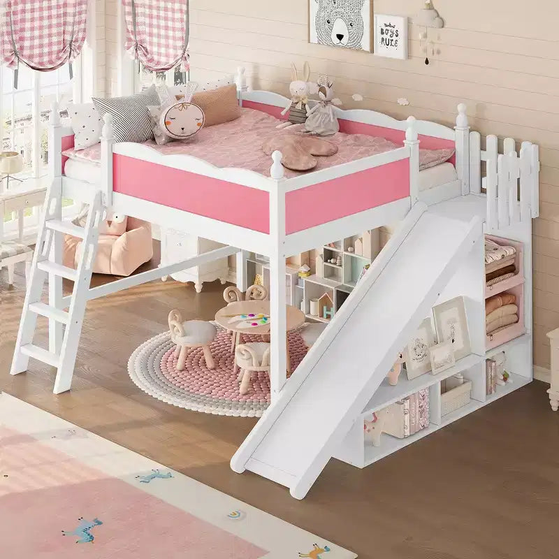 Bellemave Queen Loft Bed with Guardrail,Storage Shelves and Cabinet,Solid Wood Kids Loft Bed Frame with Detachable Slide and Ladders,Pink+Light White