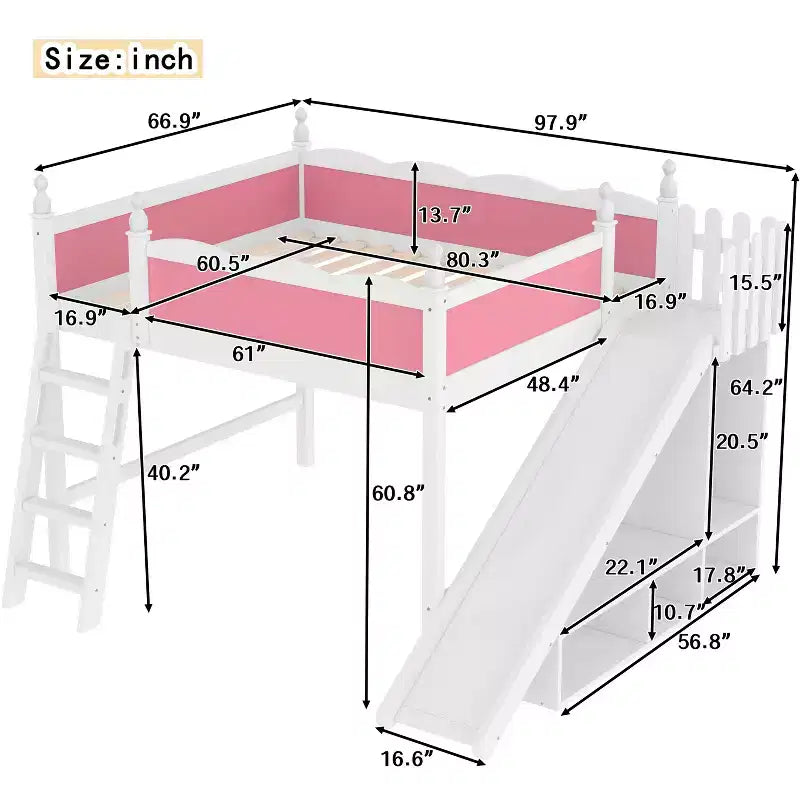 Lit mezzanine rose et blanc de taille Queen avec toboggan, échelle et armoire de rangement – Pour 1 enfant