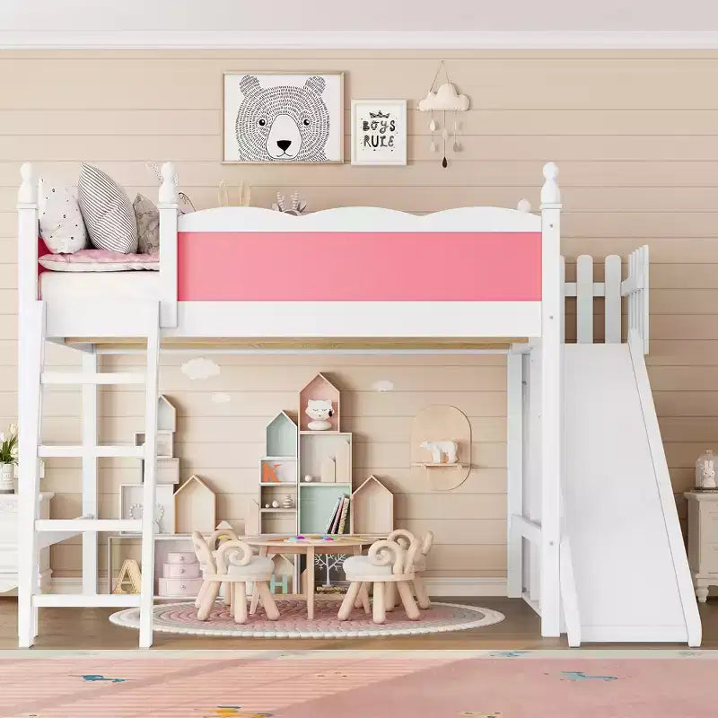Lit mezzanine rose et blanc de taille Queen avec toboggan, échelle et armoire de rangement – Pour 1 enfant