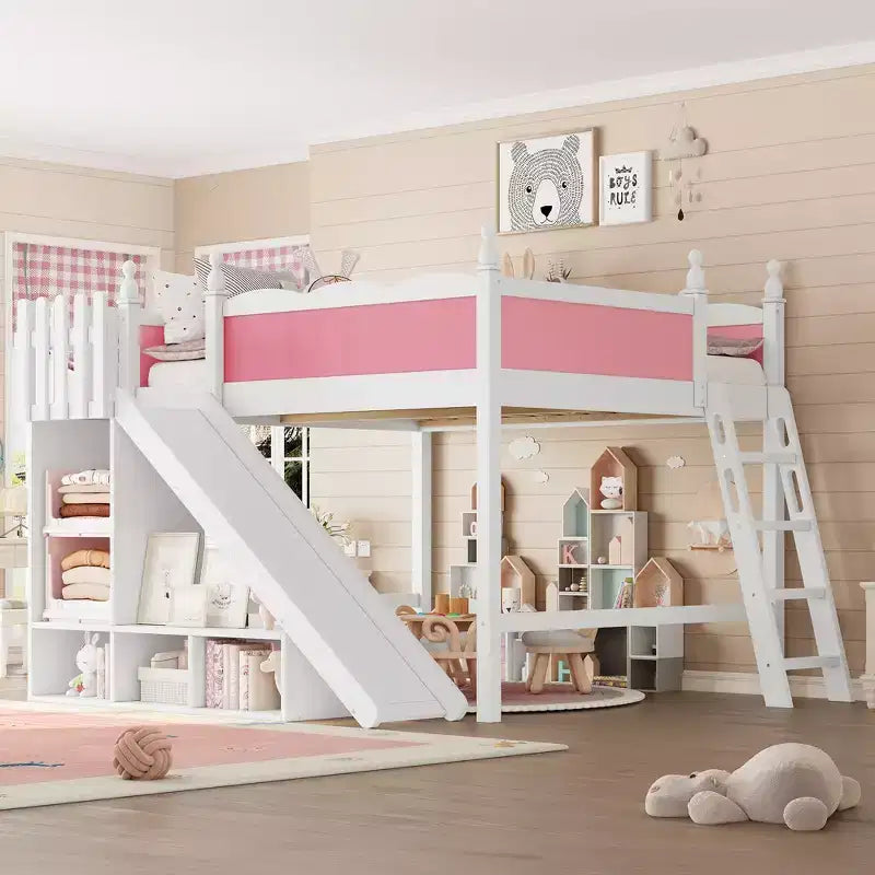 Lit mezzanine rose et blanc de taille Queen avec toboggan, échelle et armoire de rangement – Pour 1 enfant