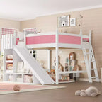 Lit mezzanine rose et blanc de taille Queen avec toboggan, échelle et armoire de rangement – Pour 1 enfant