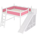 Lit mezzanine rose et blanc de taille Queen avec toboggan, échelle et armoire de rangement – Pour 1 enfant