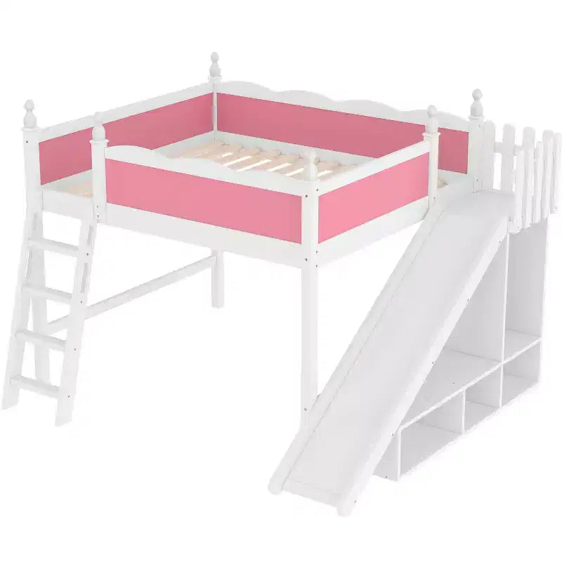 Lit mezzanine rose et blanc de taille Queen avec toboggan, échelle et armoire de rangement – Pour 1 enfant