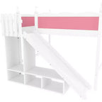 Lit mezzanine rose et blanc de taille Queen avec toboggan, échelle et armoire de rangement – Pour 1 enfant
