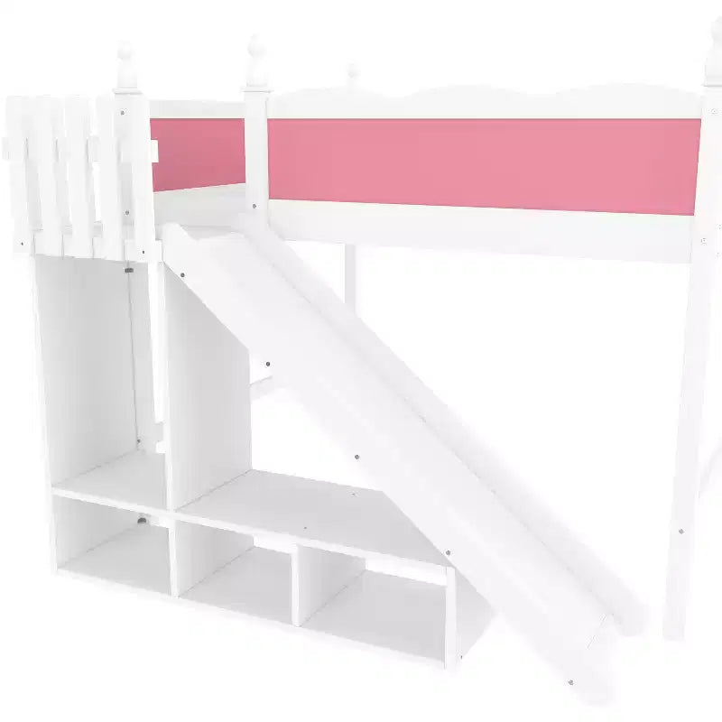 Lit mezzanine rose et blanc de taille Queen avec toboggan, échelle et armoire de rangement – Pour 1 enfant
