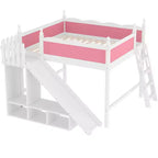 Lit mezzanine rose et blanc de taille Queen avec toboggan, échelle et armoire de rangement – Pour 1 enfant